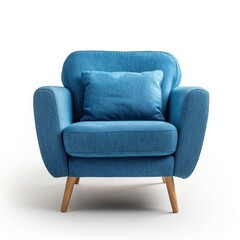 Modern blue fabric armchair with wooden legs isolated on white background, with space for text  contemporary furniture concept