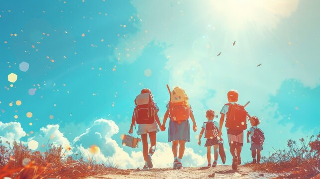 Group of children walking to school on a sunny day: back to education concept"