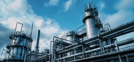 Modern industrial gas and oil refinery, showcasing large storage tanks and pipelines with a clear blue sky, epitomizing energy and chemical processing - AI generated
