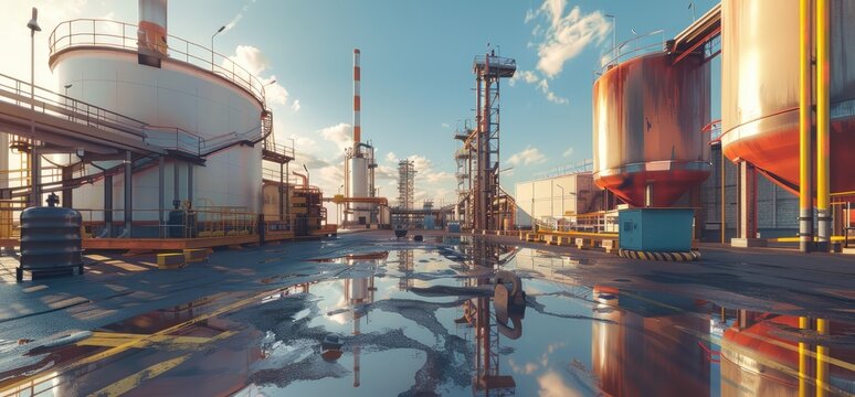 Modern industrial gas and oil refinery, showcasing large storage tanks and pipelines with a clear blue sky, epitomizing energy and chemical processing - AI generated