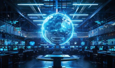 Global Data Monitoring, Futuristic Command Center with Holographic Globe Analysis
