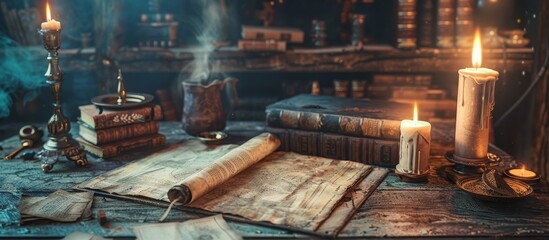 Fantasy background with magic book and ancient treasure map. - obrazy, fototapety, plakaty