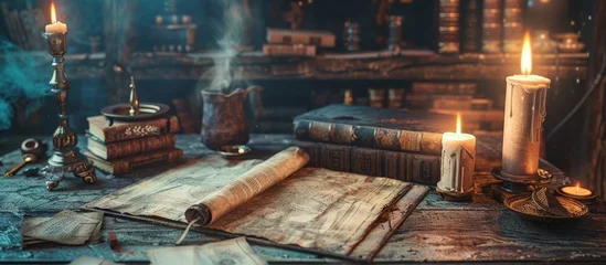 Fototapeten Fantasy background with magic book and ancient treasure map. © Media Srock