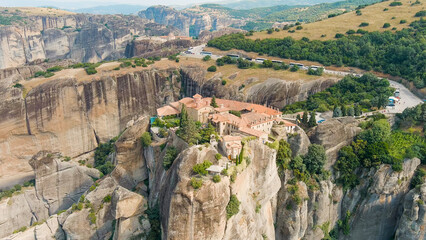 Meteora, Kalabaka, Greece. Monastery of St. Stephan. Meteora - rocks, up to 600 meters high. There are 6 active Greek Orthodox monasteries listed on the UNESCO list, Aerial View