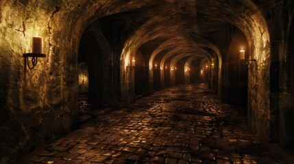 Fototapeta premium Scary endless, Fantasy Scary endless medieval catacombs with torches 