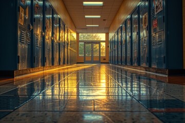 A school hallway during a quieter moment, just before classes begin - obrazy, fototapety, plakaty
