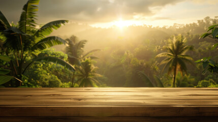 A breathtaking golden sunrise unveils over a tropical jungle as viewed from a sturdy wooden deck, awakening the senses - obrazy, fototapety, plakaty