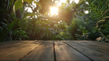 The warm sunlight filters through the dense foliage, casting a glow on the rustic wooden deck at the dawn of a new day