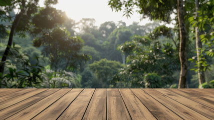 A beautifully lit wooden deck with dappled sunlight falling through the lush green forest canopy