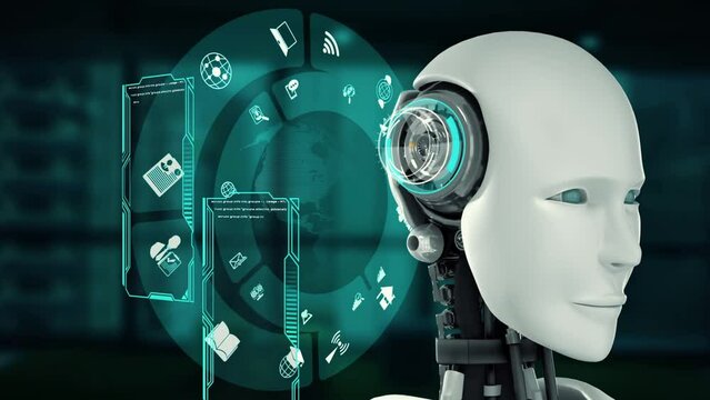 XAI Futuristic robot, artificial intelligence CGI big data analytics and programming. Robotic man 3D render animation.