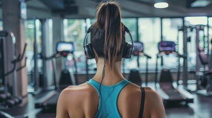 Fit young woman at gym, listening to music, using mobile phone and wireless headset