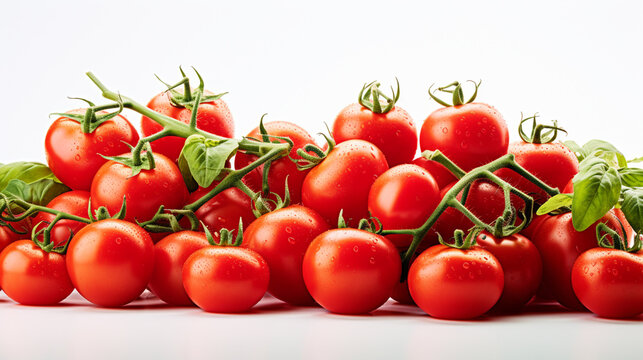 Cherry tomatoes with green leaves isolated on white background. Studio shot., generate AI