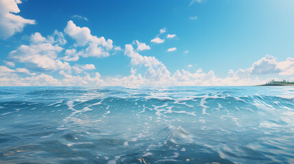 Blue sea water surface with waves and blue sky. Natural background. Generate AI - obrazy, fototapety, plakaty