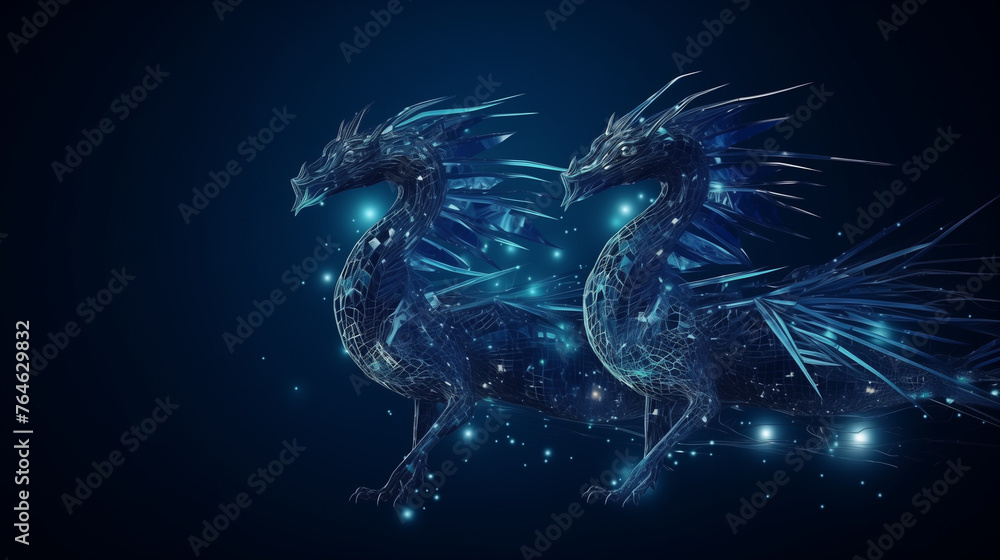 Poster abstract flying dragons on a dark blue background. technological background for design on the topic 