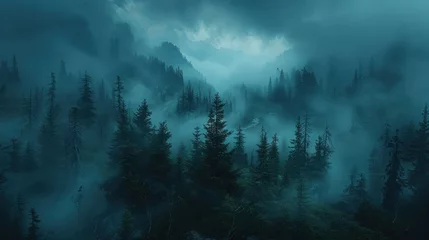 Gordijnen A Captivating View Of Fog and Mystical Woodland Moody Forest Landscape © Muhammad_Waqar