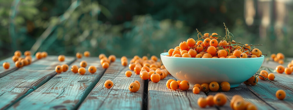 sea buckthorn in a white bowl on the background of nature