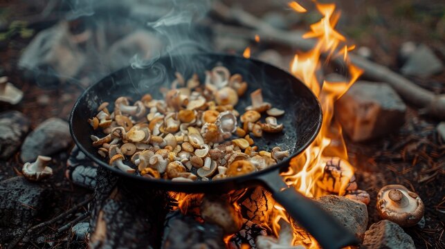 Fried mushrooms in a pan in the woods on fire. 