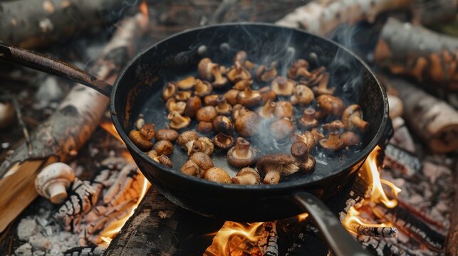 Fried mushrooms in a pan in the woods on fire. 