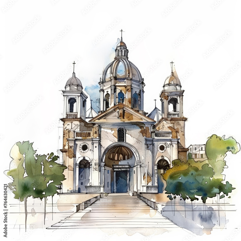 Poster Watercolor illustration of a classical European cathedral with a dome and twin towers, featuring steps and trees, suitable as a background with space for text