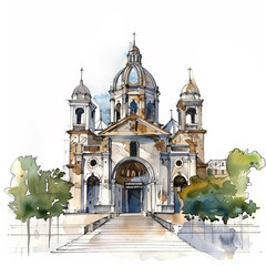 Watercolor illustration of a classical European cathedral with a dome and twin towers, featuring steps and trees, suitable as a background with space for text