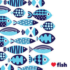 Cute retro blue cartoon illustration with  fish on white background. Vector illustration set. - obrazy, fototapety, plakaty