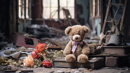 teddy bear sitting in decaying