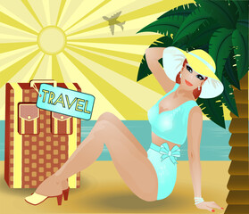 Pinup travel girl with bag,  invitation card, vector illustration