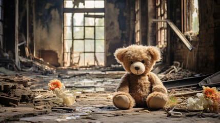 teddy bear sitting in decaying - obrazy, fototapety, plakaty