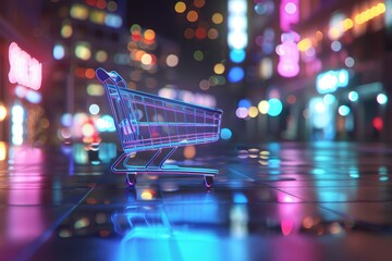 Neon shopping cart on a vibrant city night, symbolizing consumerism and the digital transformation of modern retail - AI generated - obrazy, fototapety, plakaty