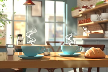 An animated cafe scene with steaming cups of coffee, swirling latte art, and the aroma of freshly baked goods filling the air, Generative AI