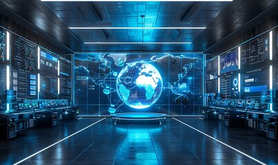 Global Data Monitoring, Futuristic Command Center with Holographic Globe Analysis