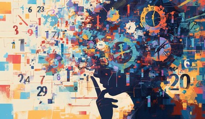 A vibrant and colorful painting depicting the concept of mental health, with numbers representing different aspects such as anxiety, emotions, and memories - obrazy, fototapety, plakaty