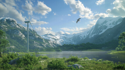 Wind Turbine in a Pristine Mountain Landscape