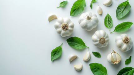 Top view : Garlic with leaves isolated on white background.