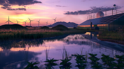 Green Energy Farm with Wind Turbines at Dusk - obrazy, fototapety, plakaty