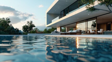 Sleek and modern villa with elegant poolside loungers in a lush garden setting - obrazy, fototapety, plakaty