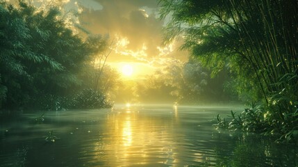 Fototapeta na wymiar sunrise in a foggy tropical rainforest during river flood