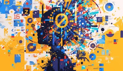 A vibrant painting of an individual surrounded by numbers and symbols, representing the concept that everything in life is made up entirely from numbers. 
