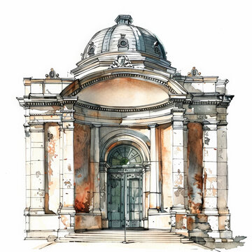 Hand-drawn illustration of a classical architecture facade with a dome, crafted in watercolor, providing an artistic backdrop suitable for historical or architectural concepts
