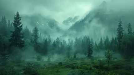 Store enrouleur tamisant sans perçage Forêt dans le brouillard A beautiful landscape with fir trees and mountains buried in fog.