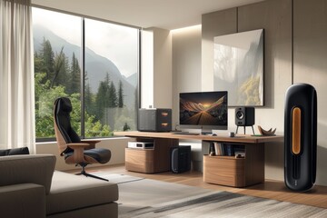 Home office with a modern PC setup featuring sleek all-in-one computers