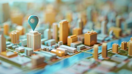 Geofencing Technology : miniature city model with a large geo pin prominently placed - obrazy, fototapety, plakaty