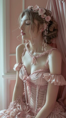 Romantic neckline background in a beautiful delicate dress. Beautiful and gentle girl.