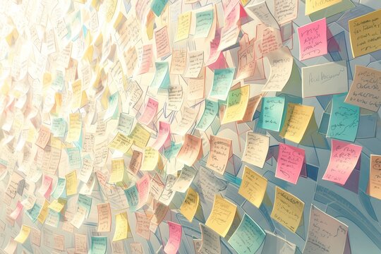 A white wall with colorful sticky notes, each note is yellow, pink or blue in color. The stickies have text written on them and represent different ideas that need to be organized for future use.