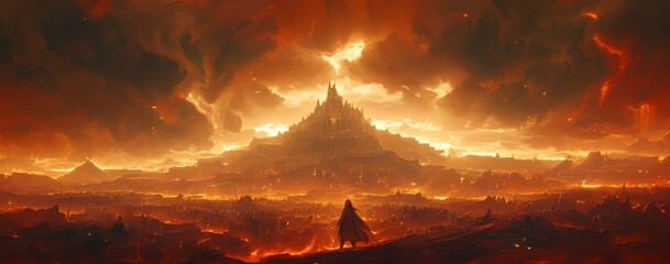 vast dark castle landscape, with flames burning in an endless sea on one side and giant walls stretching across it, made of black rock.