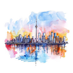 Vibrant watercolor illustration of Toronto skyline with colorful sunset reflection, ideal for travel-themed backgrounds with space for text