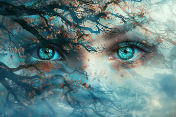 Beautiful artistic fantasy background representing a two human eyes and a tree - obrazy, fototapety, plakaty