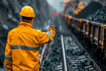Worker overseeing coal transportation by train in industrial setting