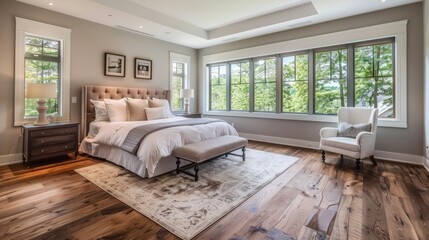 Large bed sits on white rug in front of windows