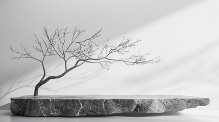 Minimal mockup background for product presentation. Podium and dry tree twigs branch with sand beach on white background " ai generated "